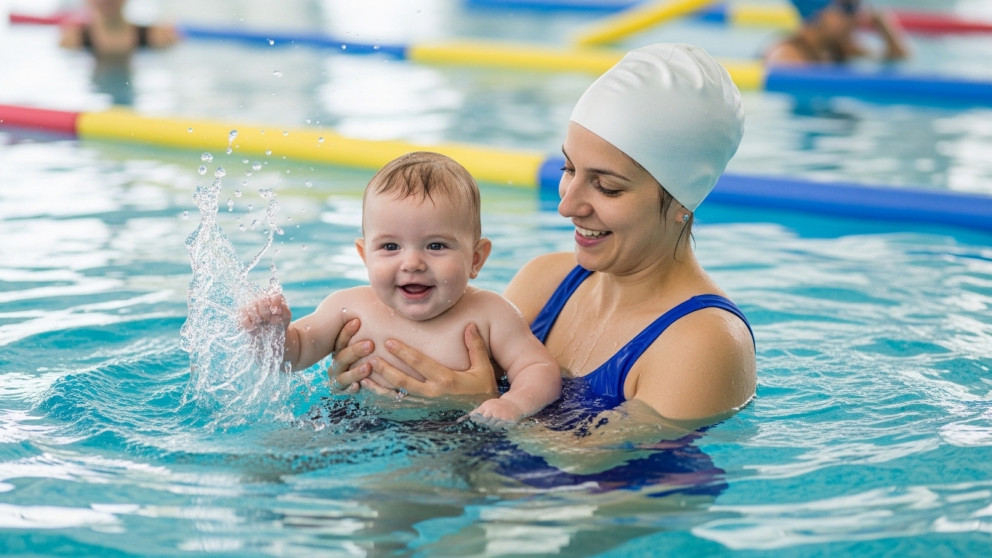 Genitore e bambino in piscina